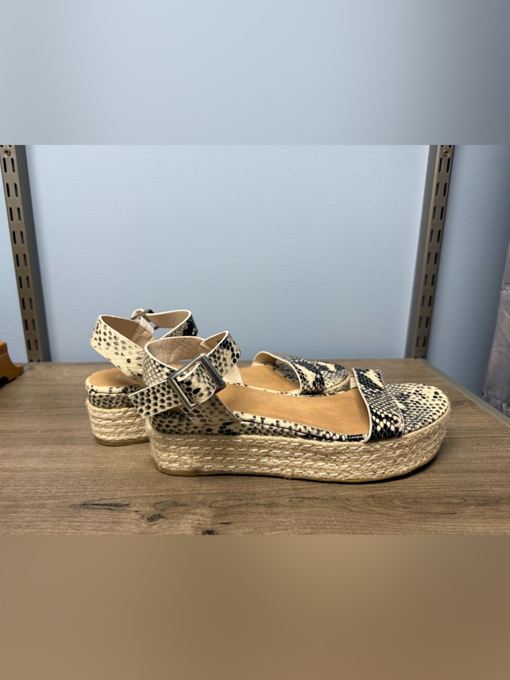 BAMBOO Snake Print Espadrille Wedge Sandals - Black & Cream